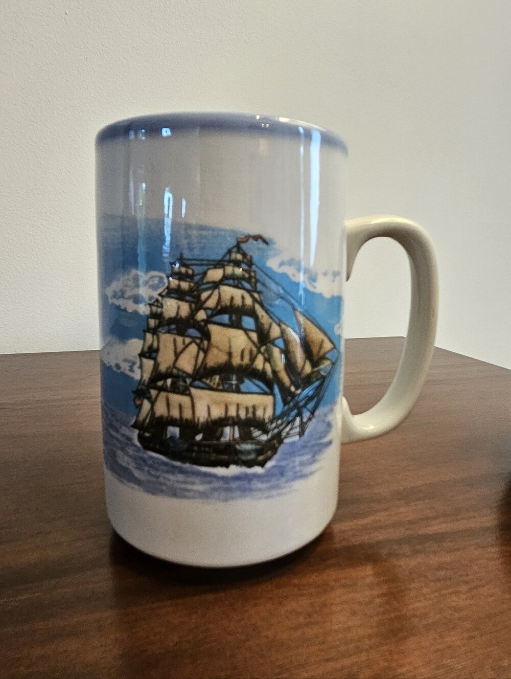 Vintage Otagiri Japan Tall Schooner Ship Mug Nautical Blue White